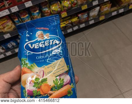 Belgrade, Serbia - March 30, 2021: Vegeta Logo On A Pack Of Powdered Seasoning For Sale. Produced By