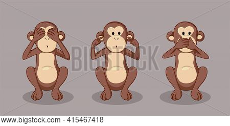 Three Wise Monkeys Vector Funnyr Illustration Cartoon