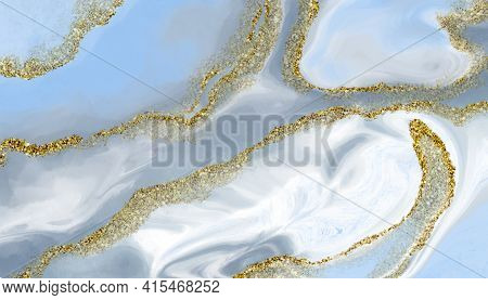 Abstract Watercolor Grunge Background In The Form Of Blue And White Marble With Gold Lines