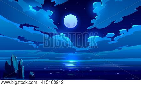 Full Moon Night Ocean Or Sea Landscape. Starry Sky With Clouds And Moonlight Reflection In Dark Wate