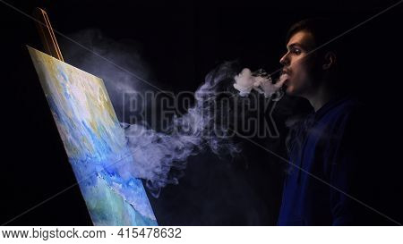 Artist Copyist Paint Seascape With Ship In Ocean. Vaper Smoke Vape E-cigarette. Craftsman Decorator 