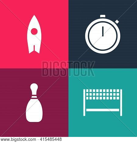 Set Pop Art Ribbon In Finishing Line, Bowling Pin, Stopwatch And Surfboard Icon. Vector