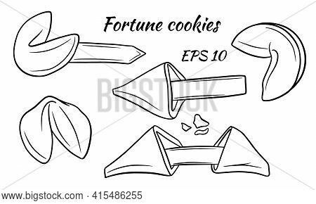 A Set Of Colorful Fortune Cookies. Collection Of Illustrations In Cartoon Style. Good Luck Cookies.