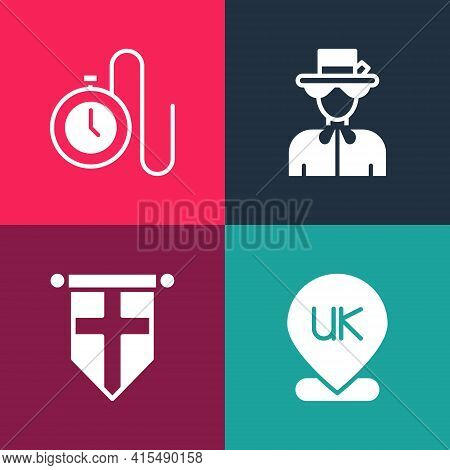 Set Pop Art Location England, Flag Pennant, Queen Elizabeth And Watch With Chain Icon. Vector