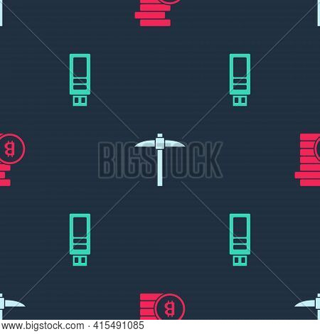 Set Bitcoin, Pickaxe And Usb Flash Drive On Seamless Pattern. Vector