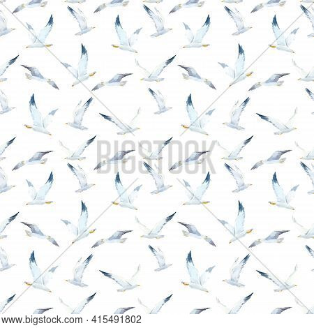 Beautiful Vector Seamless Pattern With Cute Watercolor Seagulls. Stock Illustration.
