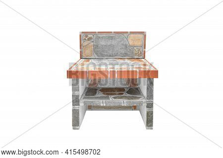 Small Stone Gray Worktop With Shelf, Unused Stone Garden Countertop Isolated On A White Background.