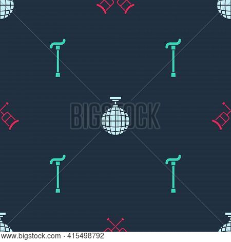 Set Crutch Or Crutches, Disco Ball And Walking Stick Cane On Seamless Pattern. Vector