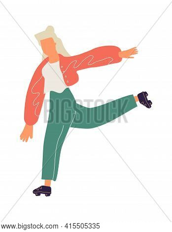 Woman On Roller Skates. Cartoon Teenager Skating. Character In Boots With Wheels Dancing. Girl Wavin