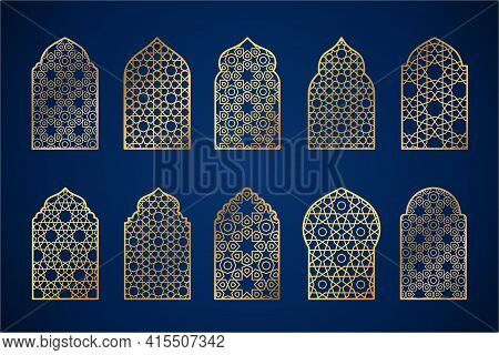 Set Of Gold Ornate Arab Windows Silhouettes. Vector Illustration. Ramadan Kareem Design Element, Inv