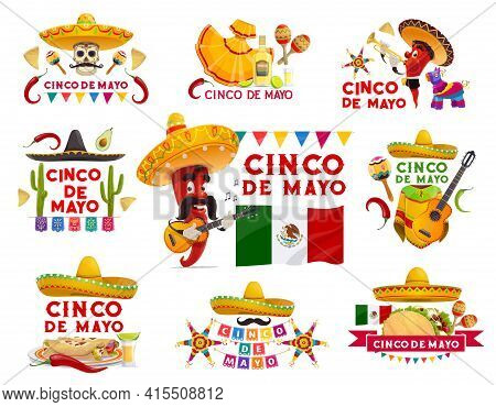 Cinco De Mayo Vector Icons Pinata, Jalapeno Pepper Mustached Musician In Sombrero Playing Guitar. Ma