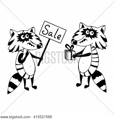 Collection On The Theme Of Shopping And Sales With Raccoons In The Style Of Line Art