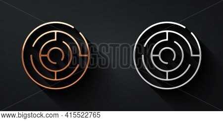 Gold And Silver Minotaur Maze Or Labyrinth Icon Isolated On Black Background. Ancient Greek Mytholog