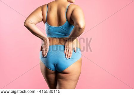 Overweight Woman With Fat Hips And Buttocks, Obesity Female Body On Pink Background