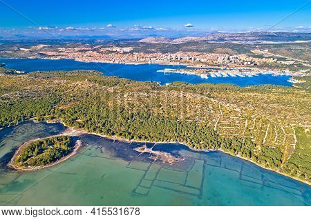 Sibenik. Aerial Panoramic View Of Town Of Sibenik, Archipelago Of Dalmatia Region In Croatia