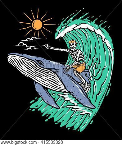 Adventure By Riding A Whale Illustration Hand Drawn
