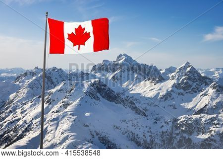 Canadian National Flag Overlay. Mountain Landscape In Winter. Bright Sunny Sky. Background From Tant