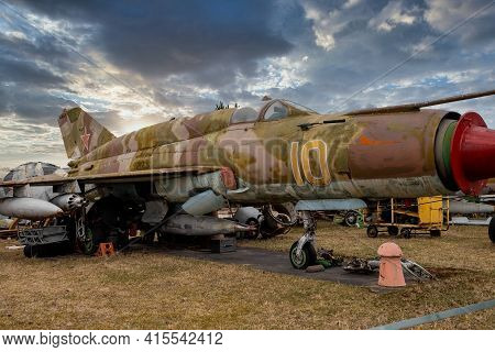 Riga, Latvia - March 26, 2021: Detail Of A Mikoyan Mig 21, Nato Code Name 'fishbed', Displayed At Th