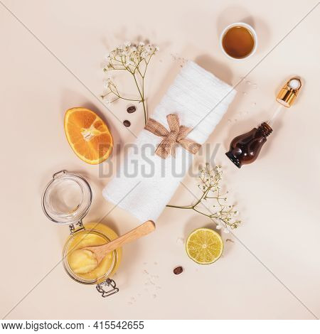Eco Friendly, Cosmetic Composition Of Citrus Scrub, Glow Serum, Cosmetic Oil, Orange, Laim And Natur