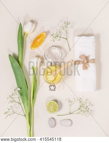Eco Friendly, Wellness, Spa Composition With Towel, Citrus Scrub, Orange, Laim, Natural Bath Accesso
