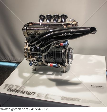 Germany, Munich - April 27, 2011: Bmw M12 7 Engine For Formula 2 Racing In The Exhibition Hall Of Th