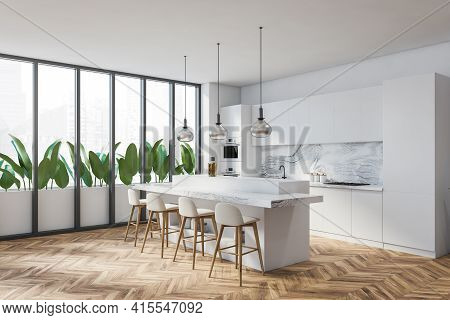 Bright Modern Kitchen Room Interior With White Bar Counter And Four Barstool, Cupboard, Panoramic Wi