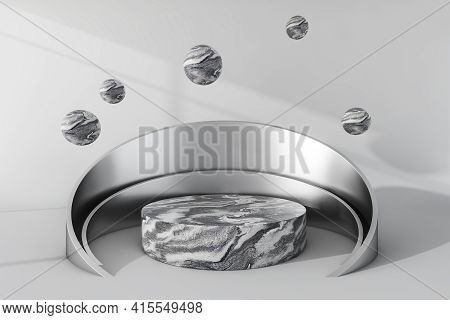 Silver Platform Stand, Marble Spheres In The Air. Luxury Marble Mockup Stand For Product Display, Ad