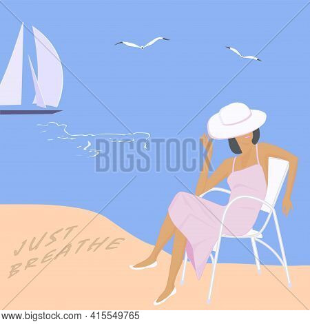 A Woman Sits On A Chair On The Sandy Seashore - The Inscription - Just Breathe. Breathwork. Mental H