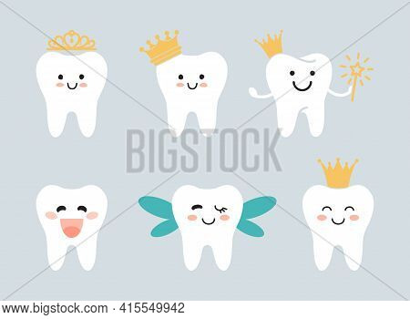 Tooth Fairies With Crowns And Wings. Flat Illustrations In Kawaii Style