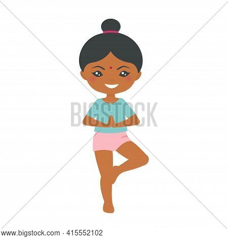 Cute Indian Chibi Girl Doing Yoga On A White Background. Cartoon Flat Style. Vector Illustration.