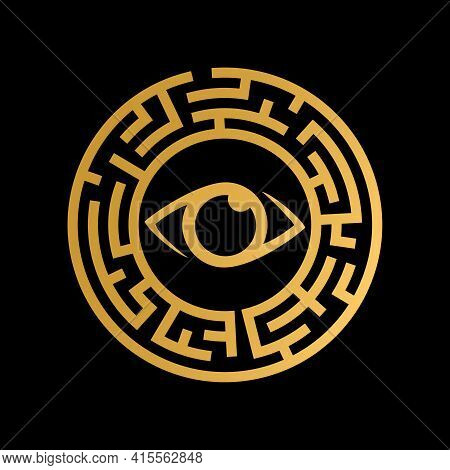 Golden Maze Shaped Round With Eye In The Middle. Logo Design.