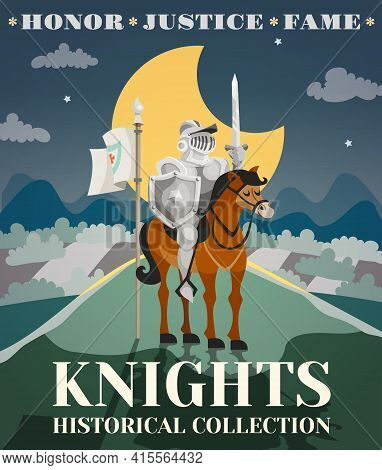 Knight Poster With Warrior In Armor On Horse With Night Landscape On Background Cartoon Vector Illus