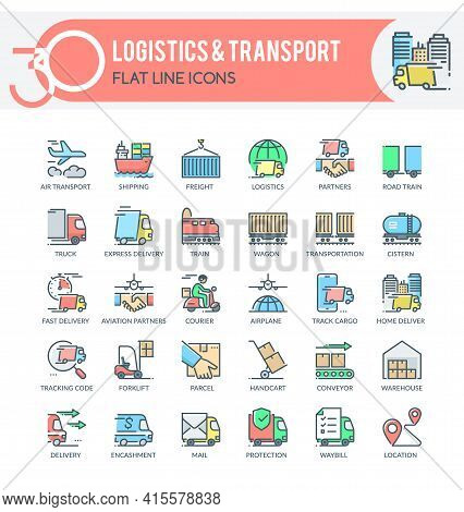 Set Of Filled Outline Icons On Following Topics Logistics, Transport, Delivery And Other. Each Icon 