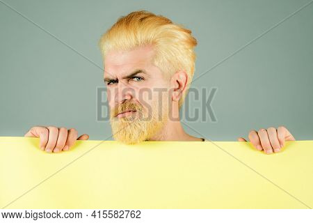 Man Holding Blank Card. Blank, Empty Paper, Billboard With Copy Space For Text
