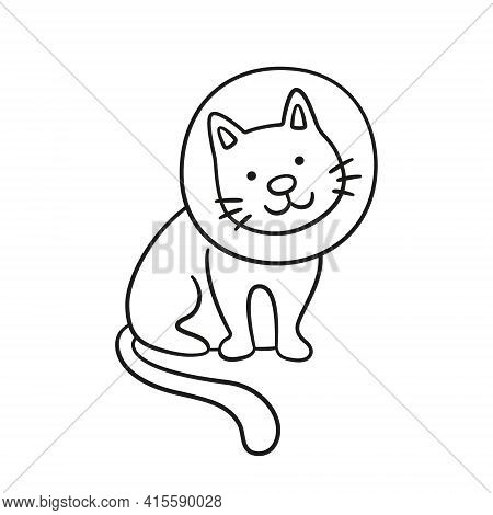 Cat With A Neck Brace Doodle Icon. Sick Cat With Medical Collar. Hand Drawn Isolated Vector Illustra