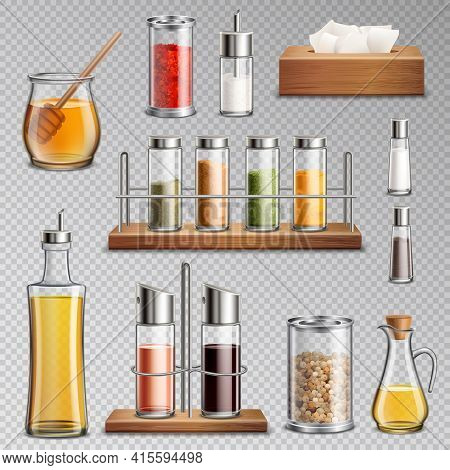 Seasoning Spices Herbs Kitchen Racks Cooking Oil Carafe  Sugar Dispenser And Honey Jar Realistic Set