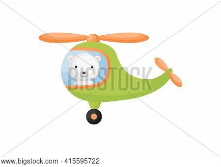 Cute Little Polar Bear Pilot In Green Helicopter. Cartoon Character For Childrens Book, Album, Baby 
