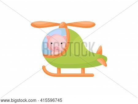 Cute Little Pig Pilot In Green Helicopter. Cartoon Character For Childrens Book, Album, Baby Shower,