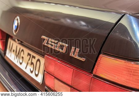Germany, Munich - April 27, 2011: Nameplate 750i On The Bmw E32 Model In The Exhibition Hall Of The 