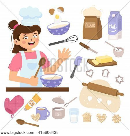 Girl Cooking In Kitchen. Little Baker. Kitchen Tools Isolated On A White Background. Little Cook Mix