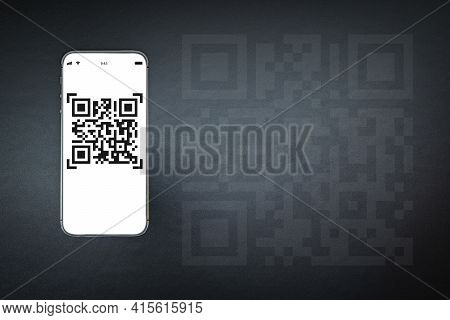 Qr Code Mobile. Digital Mobile Smart Phone With Qr Code Scanner On Smartphone Screen For Online Pay,