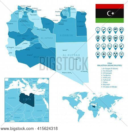 Libya Detailed Administrative Blue Map With Country Flag And Location On The World Map. Vector Illus