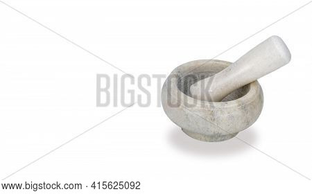 Porcelain Mortar With Pestle On A White Background. Tool For Pounding And Grinding Products. Various
