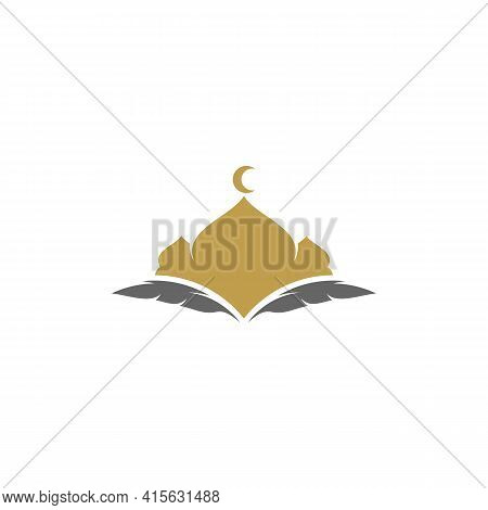 Feather With Mosque Logo Design Vector Illustration, Creative Islamic Logo Design Concept Template,