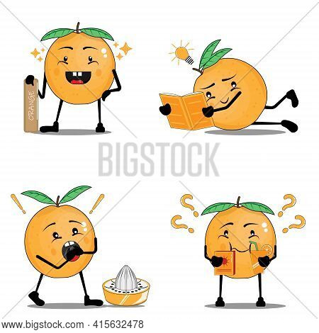 Set Of Funny Cute Orange Fruits Characters
