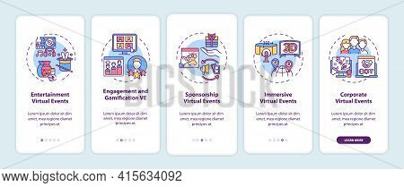 Virtual Events Types Onboarding Mobile App Page Screen With Concepts. Entertainment, Engagement Walk