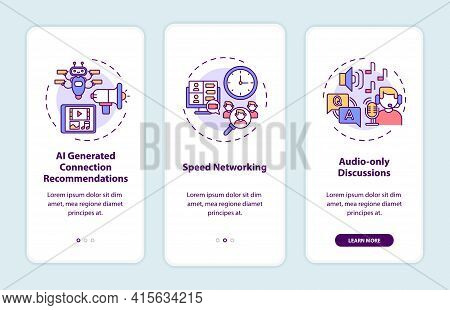 Virtual Events For Networking Onboarding Mobile App Page Screen With Concepts. Audio Discussions Wal