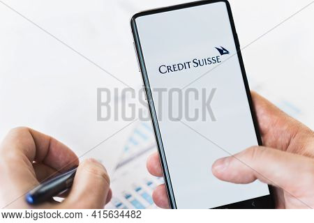 Russia Moscow 29.03.2021 Mobile Phone With Logo Of Credit Suisse Swiss Bank.investment Finance Compa