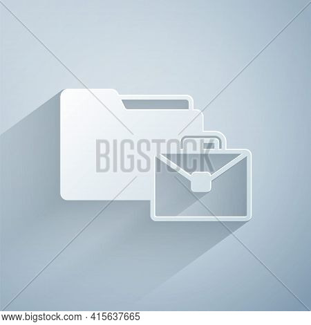 Paper Cut Online Working Icon Isolated On Grey Background. Freelancer Man Working On Laptop At His H