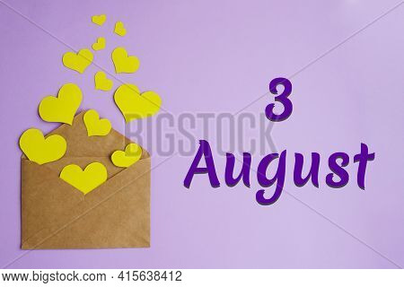 Brown Envelope With Yellow Hearts On Lilac Background And Inscription August 3, Holiday Concept.